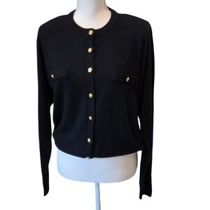 Kerri & Kelsey Vintage Black Cardigan Sweater Gold Crest Buttons Women Large